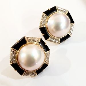 Vintage 14K Diamond Onyx & Pearl Earrings